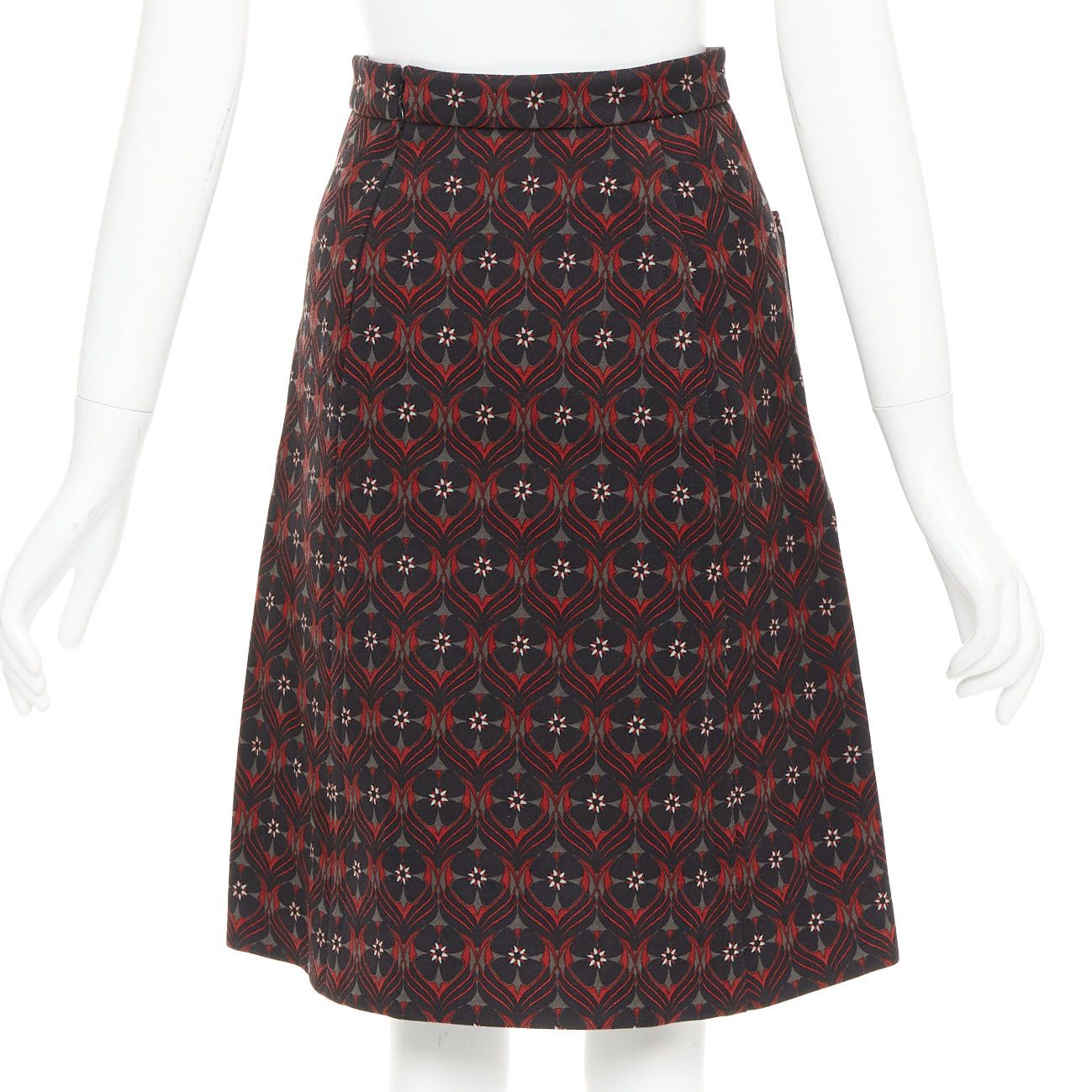 Miu Miu MIU MIU 2015 red khaki floral virgin wool vintage print pocketed A-line skirt IT36 XXS Size 25" / US 0 / IT 36 - 5 Thumbnail