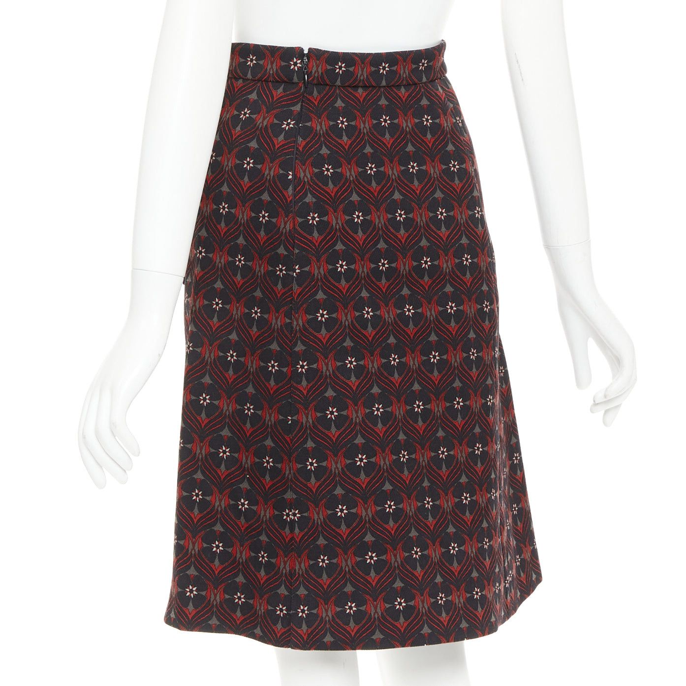 Miu Miu MIU MIU 2015 red khaki floral virgin wool vintage print pocketed A-line skirt IT36 XXS Size 25" / US 0 / IT 36 - 6 Thumbnail
