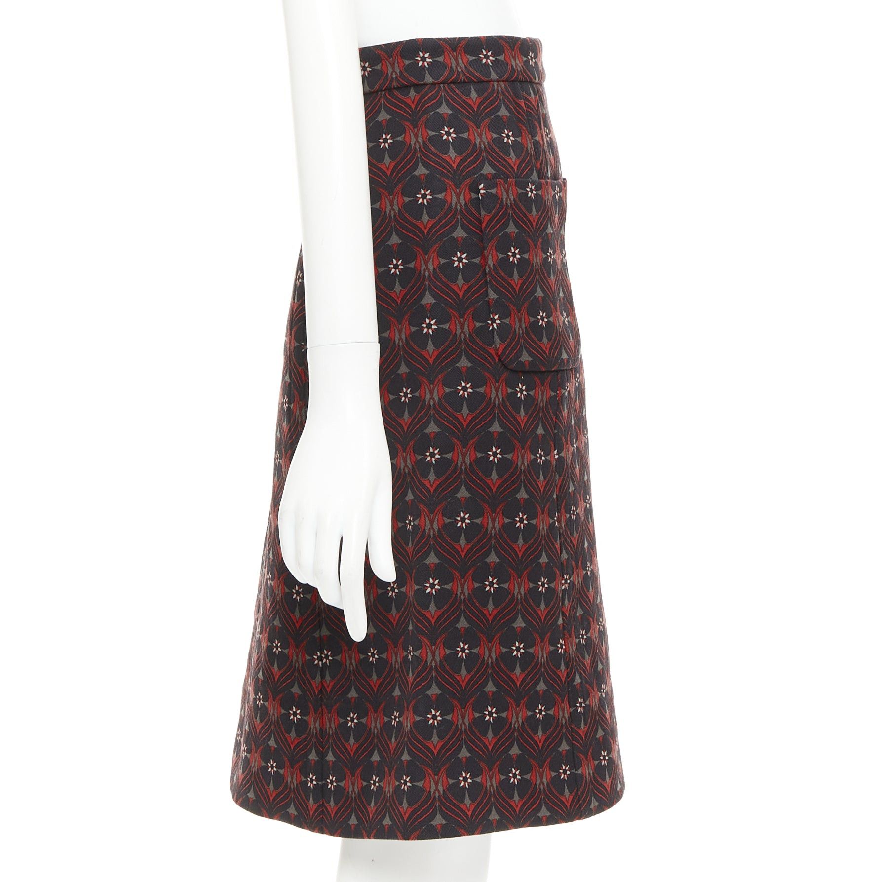 Miu Miu MIU MIU 2015 red khaki floral virgin wool vintage print pocketed A-line skirt IT36 XXS Size 25" / US 0 / IT 36 - 4 Thumbnail