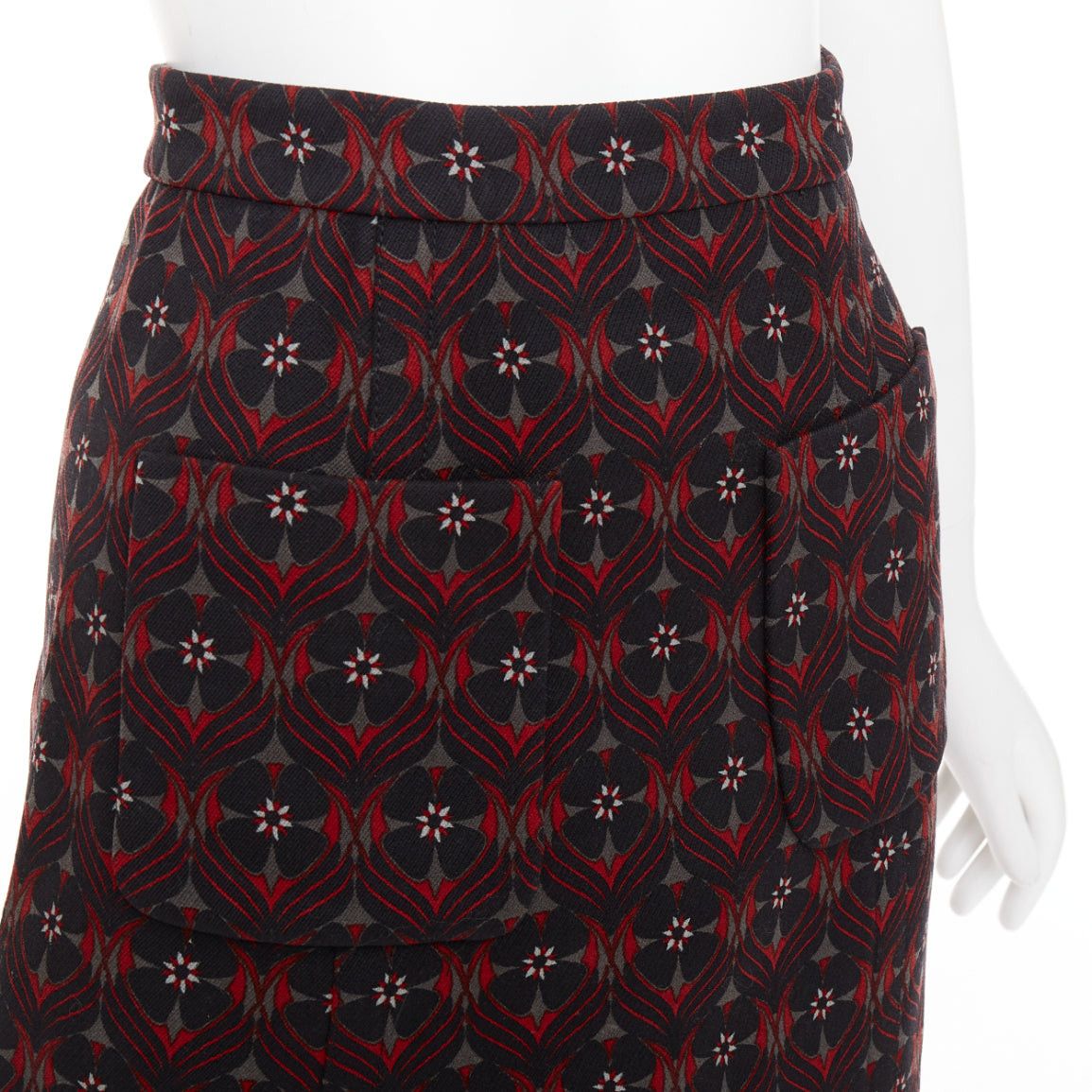 Miu Miu MIU MIU 2015 red khaki floral virgin wool vintage print pocketed A-line skirt IT36 XXS Size 25" / US 0 / IT 36 - 7 Thumbnail