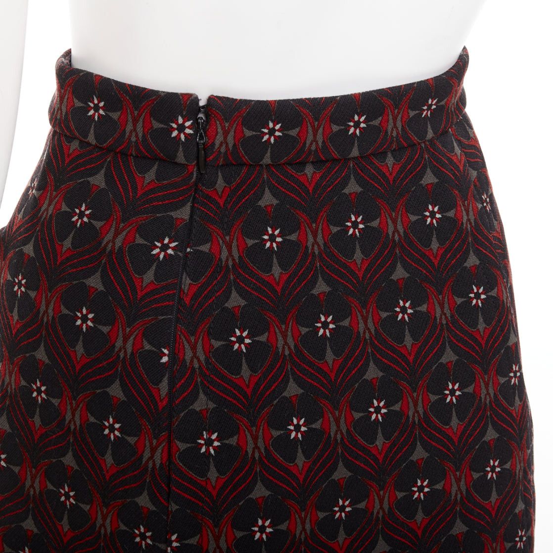 Miu Miu MIU MIU 2015 red khaki floral virgin wool vintage print pocketed A-line skirt IT36 XXS Size 25" / US 0 / IT 36 - 2 Thumbnail