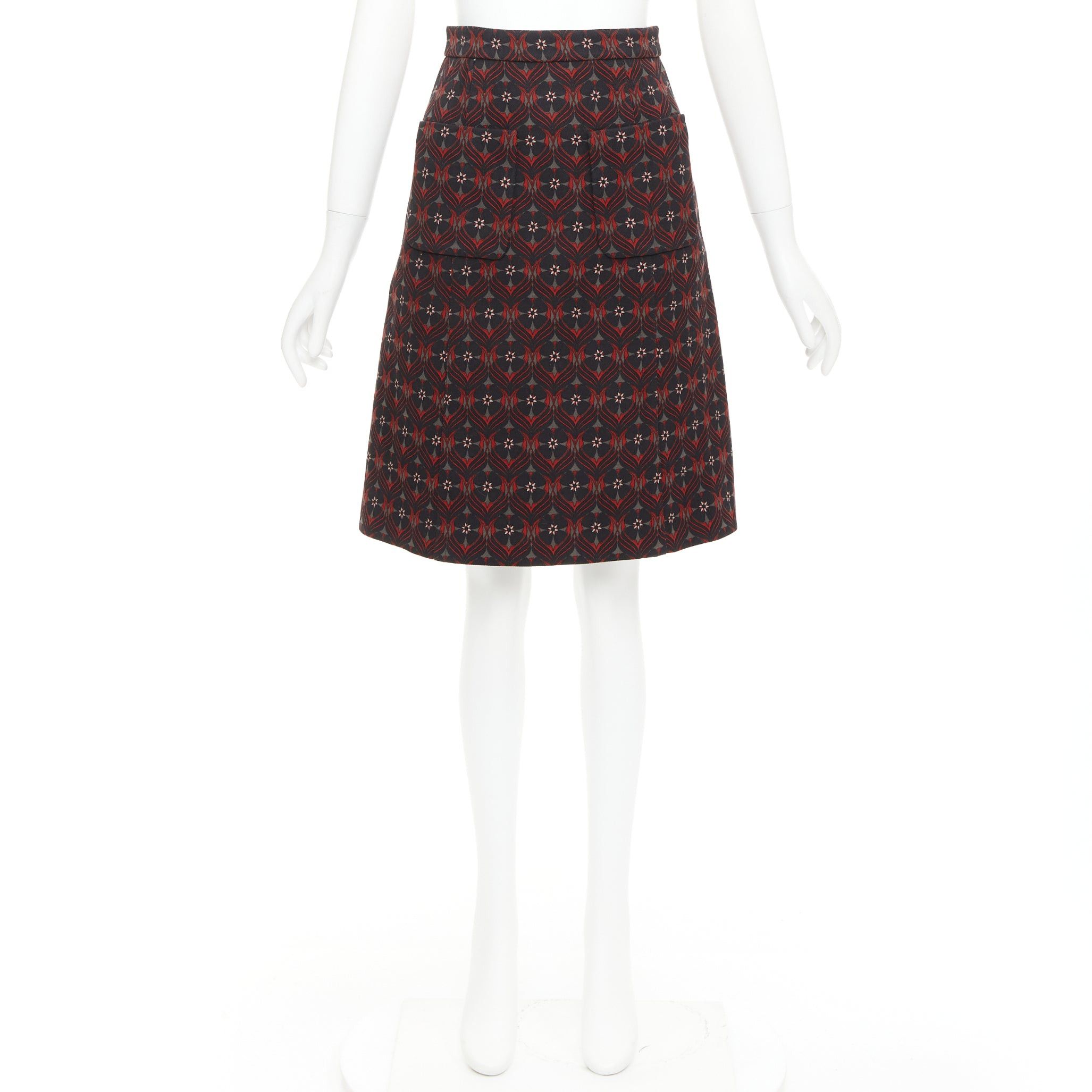 Miu Miu MIU MIU 2015 red khaki floral virgin wool vintage print pocketed A-line skirt IT36 XXS Size 25" / US 0 / IT 36 - 9 Thumbnail