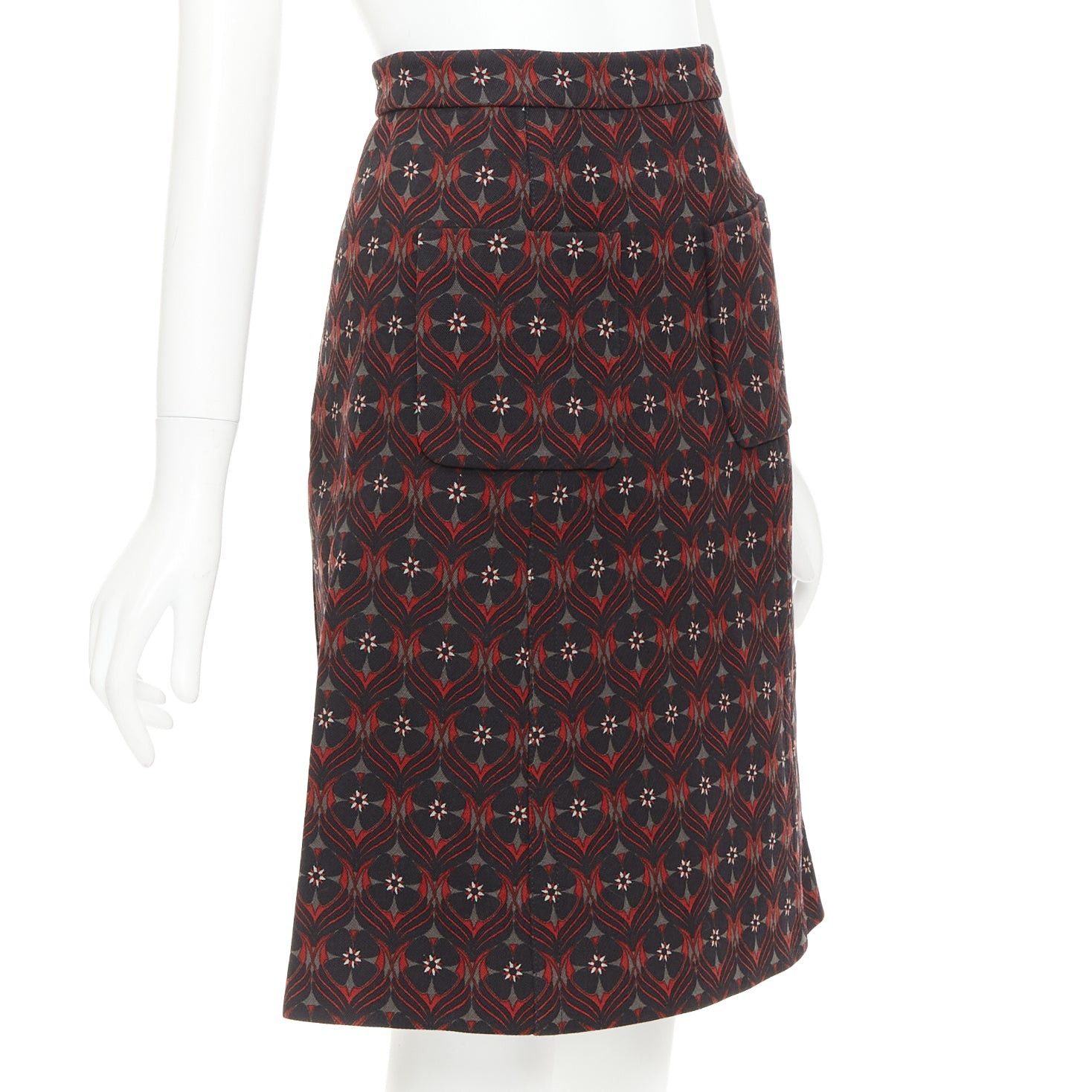 Miu Miu MIU MIU 2015 red khaki floral virgin wool vintage print pocketed A-line skirt IT36 XXS Size 25" / US 0 / IT 36 - 3 Thumbnail