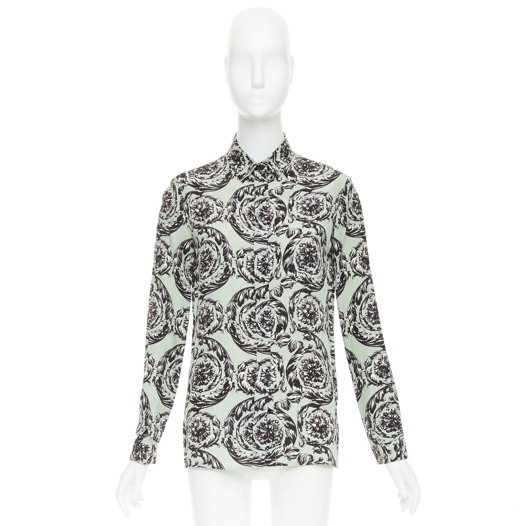 Versace VERSACE 100% silk green black baroque floral print button up shirt IT38 XS Size XS / US 0-2 / IT 36-38 - 9 Thumbnail