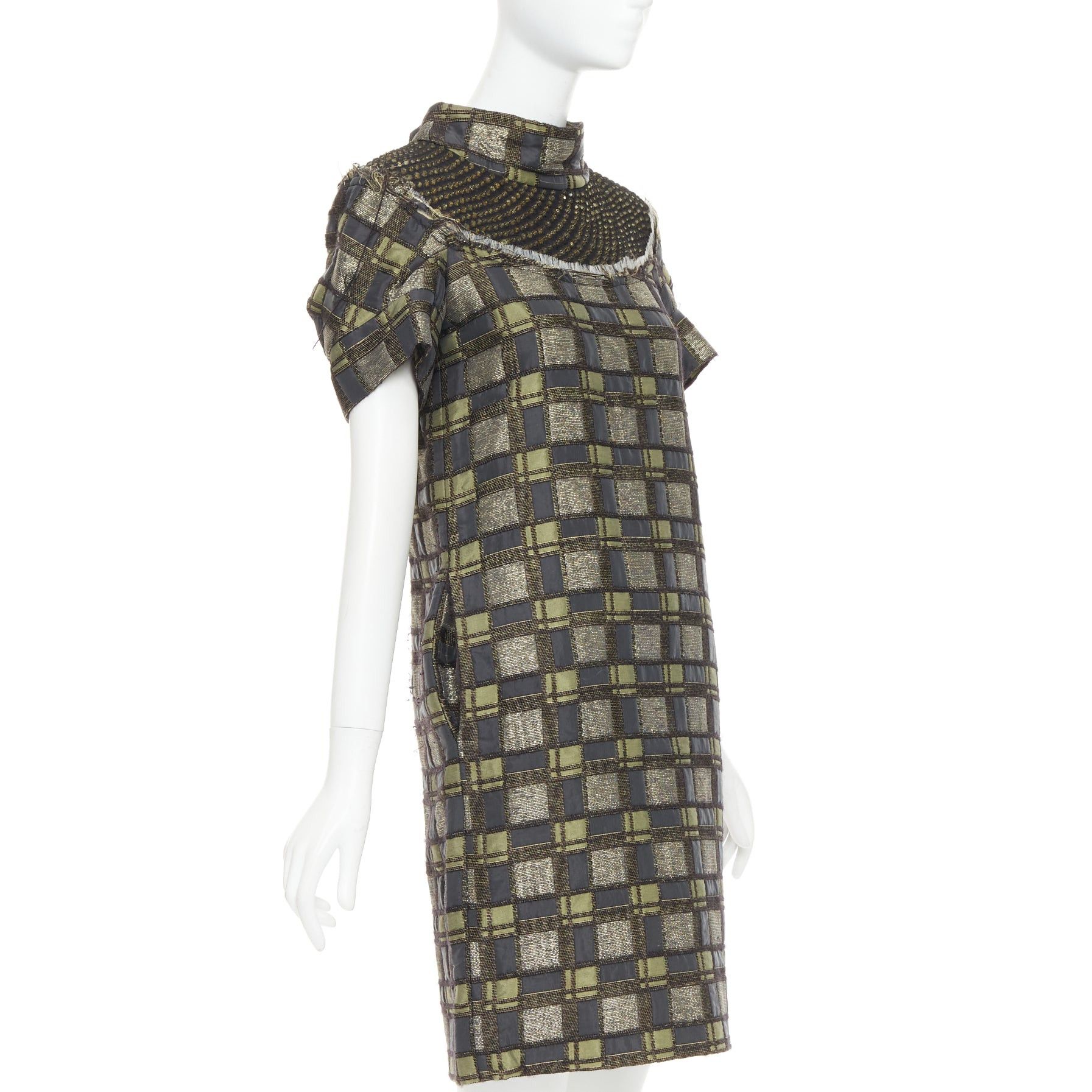Marni MARNI bronze grey embellished collar checked brocade dress IT36 XXS Size S / US 4 / IT 40 - 3 Thumbnail
