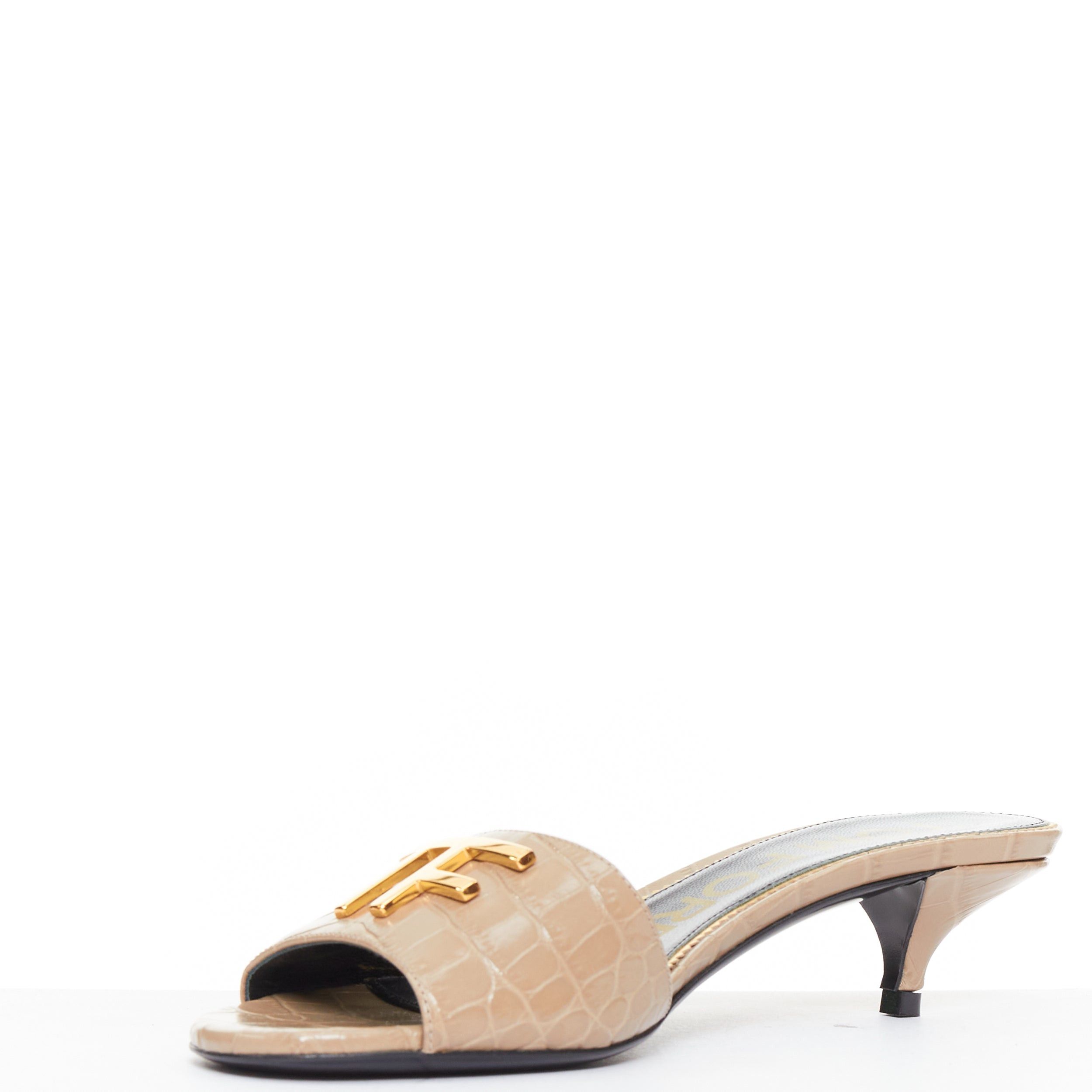 Tom Ford TOM FORD taupe rcoc embossed calfskin gold TF logo kitten heel sandal EU36 Size US 6 / IT 36 - 4 Thumbnail