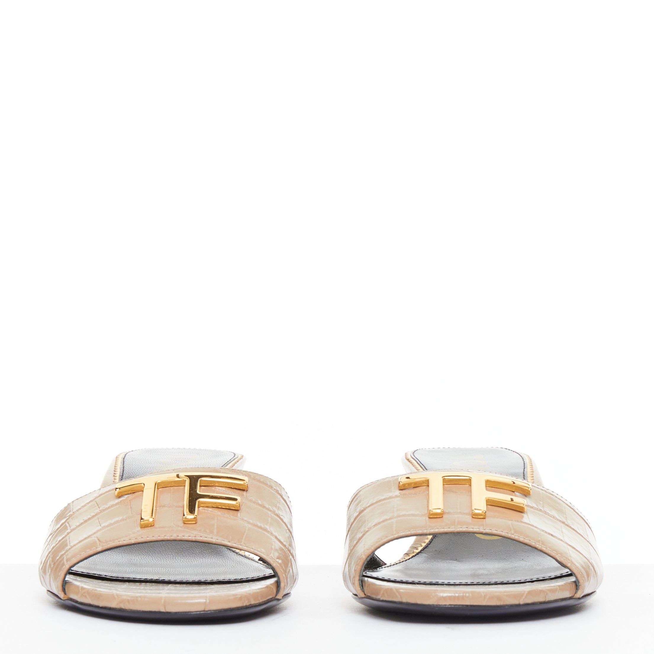 Tom Ford TOM FORD taupe rcoc embossed calfskin gold TF logo kitten heel sandal EU36 Size US 6 / IT 36 - 3 Thumbnail