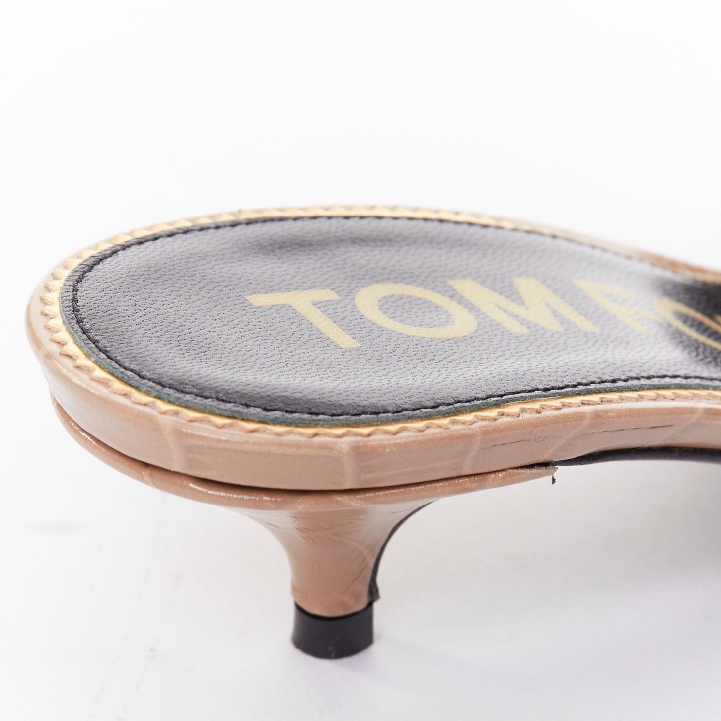 Tom Ford TOM FORD taupe rcoc embossed calfskin gold TF logo kitten heel sandal EU36 Size US 6 / IT 36 - 8 Thumbnail