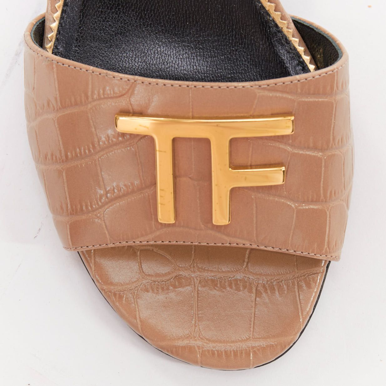 Tom Ford TOM FORD taupe rcoc embossed calfskin gold TF logo kitten heel sandal EU36 Size US 6 / IT 36 - 6 Thumbnail