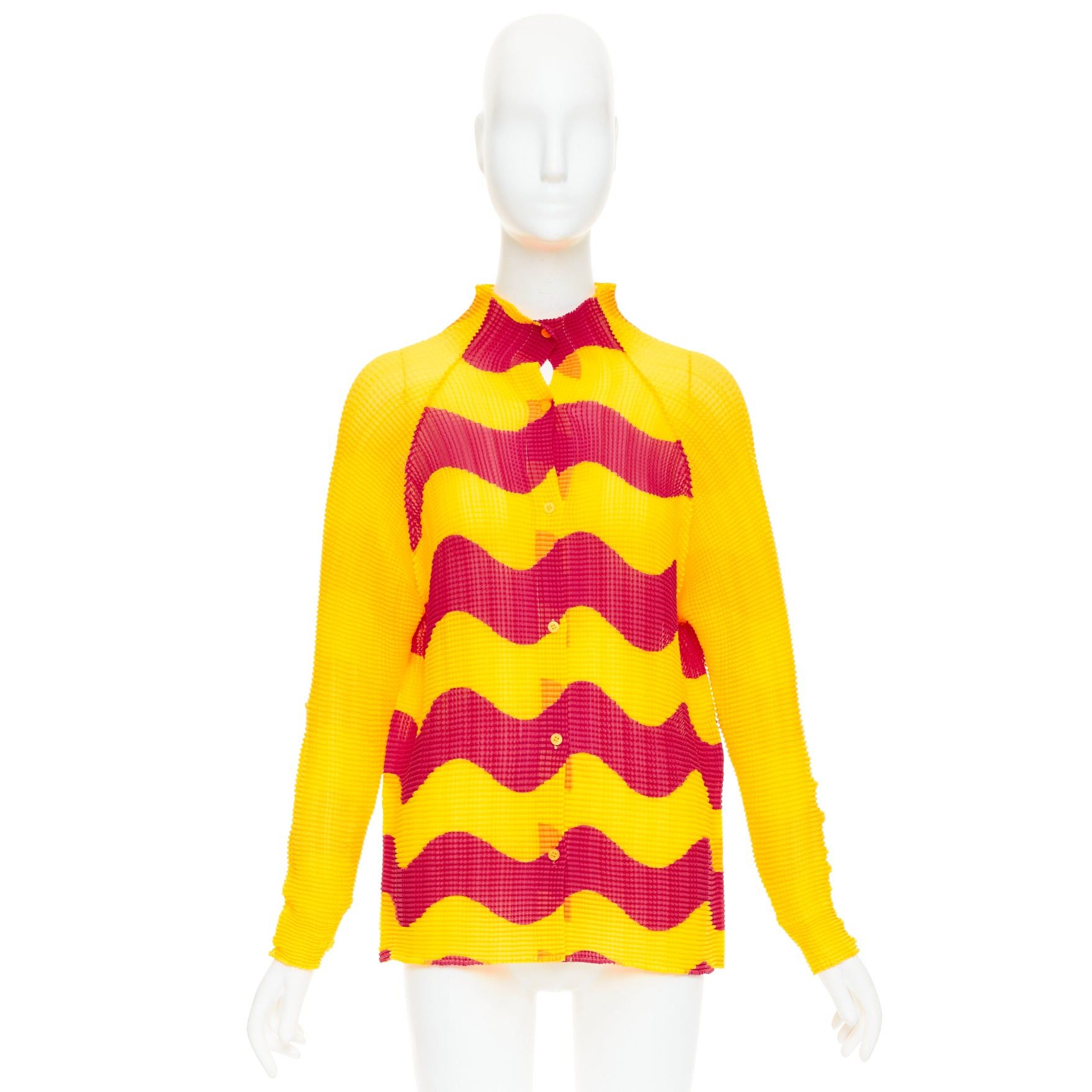 Issey Miyake rare ISSEY MIYAKE Pleats Please graphic yellow red wave plisse high neck top JP2 M Size M / US 6-8 / IT 42-44 - 9 Thumbnail