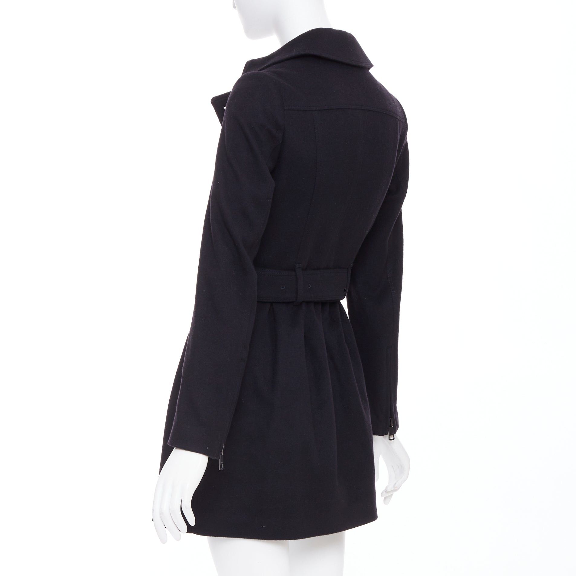 Burberry BURBERRY black virgin wool cashmere asymmetric zip belted trench coat UK4 XXS Size XS / US 0-2 / IT 36-38 - 7 Thumbnail