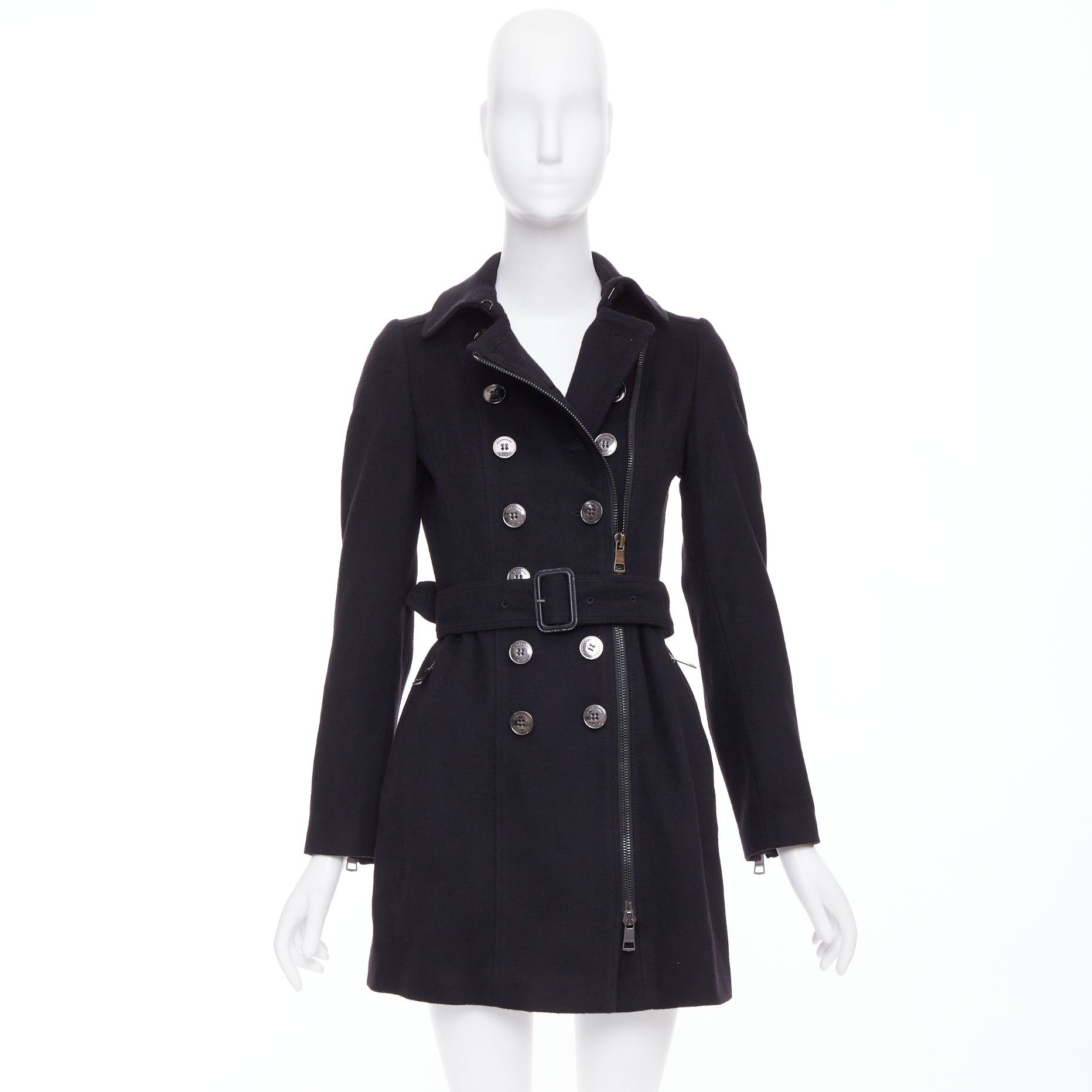 Burberry BURBERRY black virgin wool cashmere asymmetric zip belted trench coat UK4 XXS Size XS / US 0-2 / IT 36-38 - 10 Thumbnail