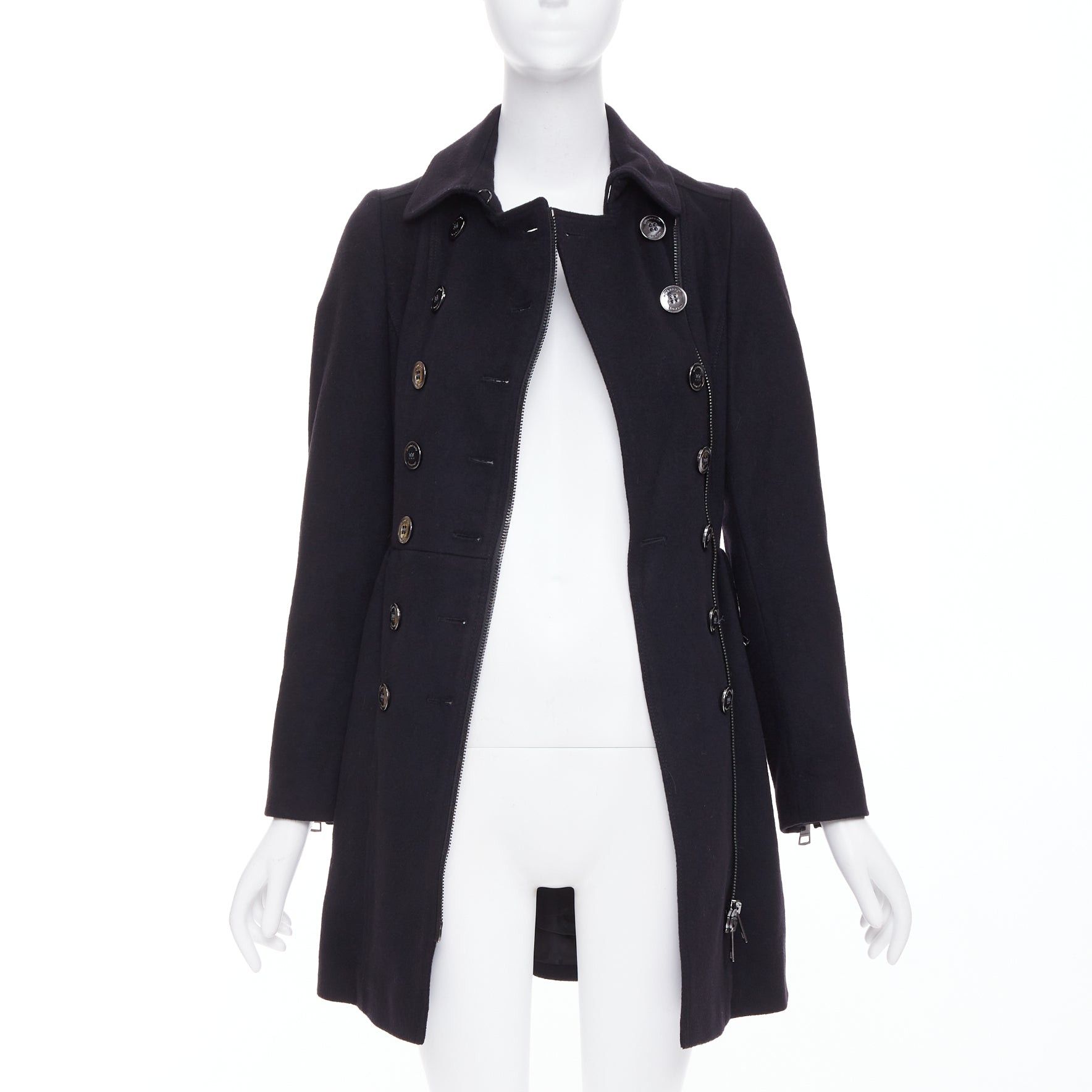 Burberry BURBERRY black virgin wool cashmere asymmetric zip belted trench coat UK4 XXS Size XS / US 0-2 / IT 36-38 - 3 Thumbnail