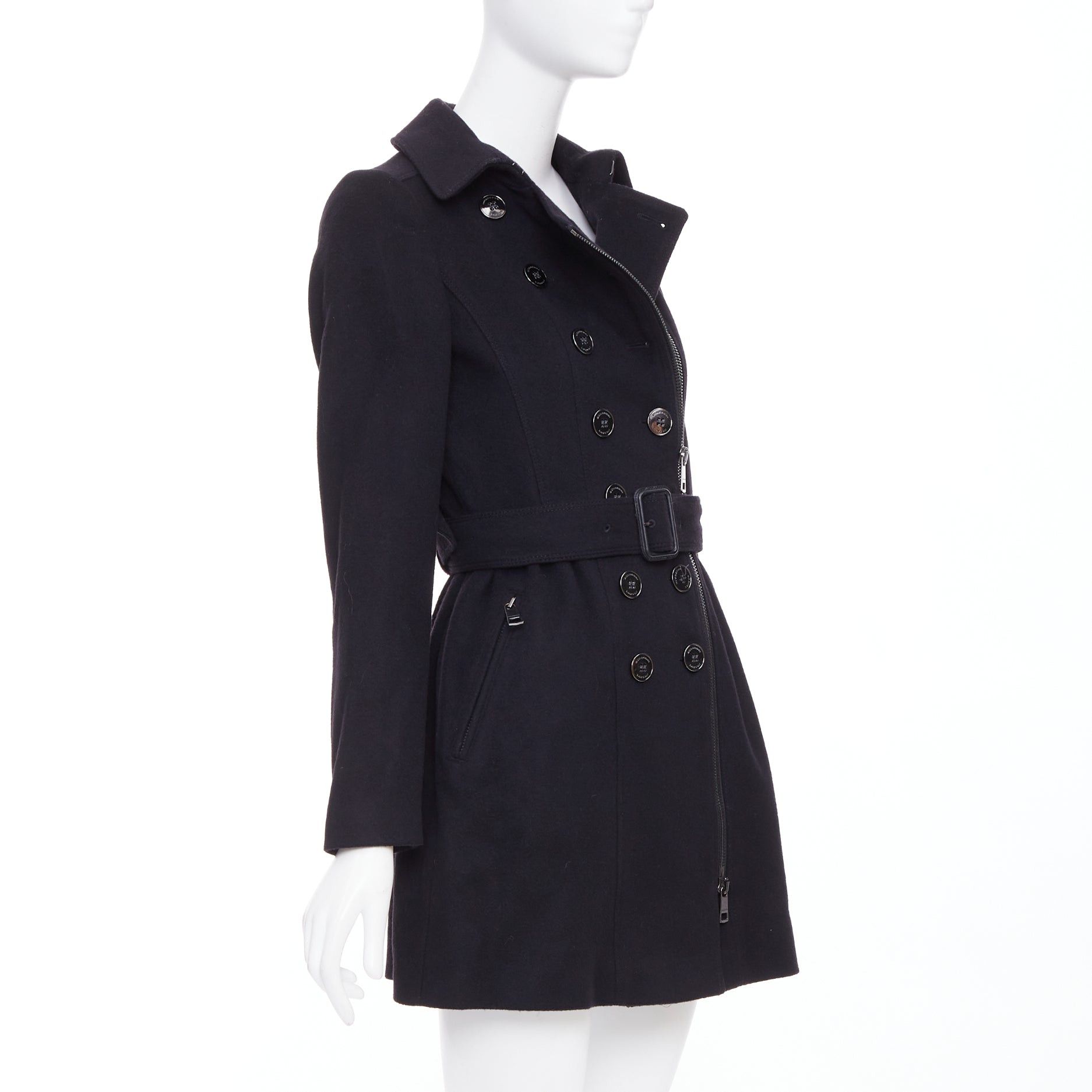 Burberry BURBERRY black virgin wool cashmere asymmetric zip belted trench coat UK4 XXS Size XS / US 0-2 / IT 36-38 - 4 Thumbnail
