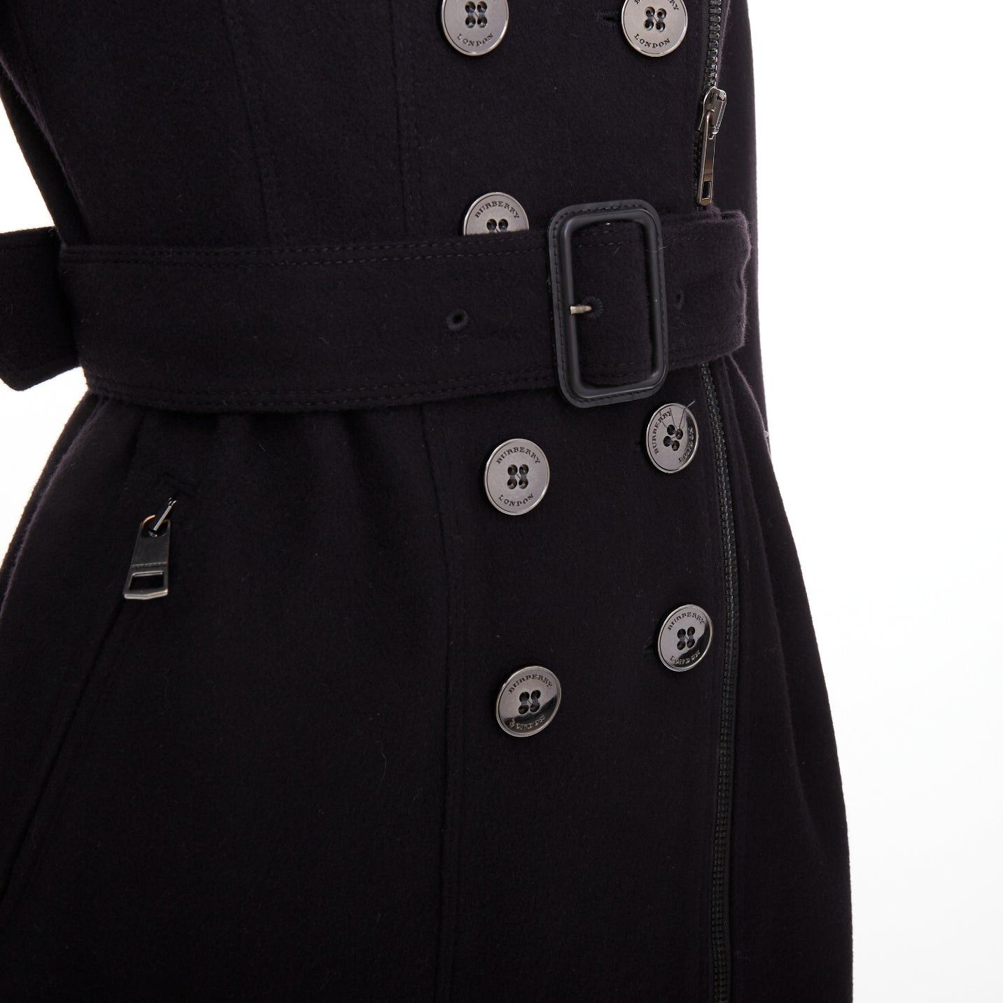 Burberry BURBERRY black virgin wool cashmere asymmetric zip belted trench coat UK4 XXS Size XS / US 0-2 / IT 36-38 - 2 Thumbnail