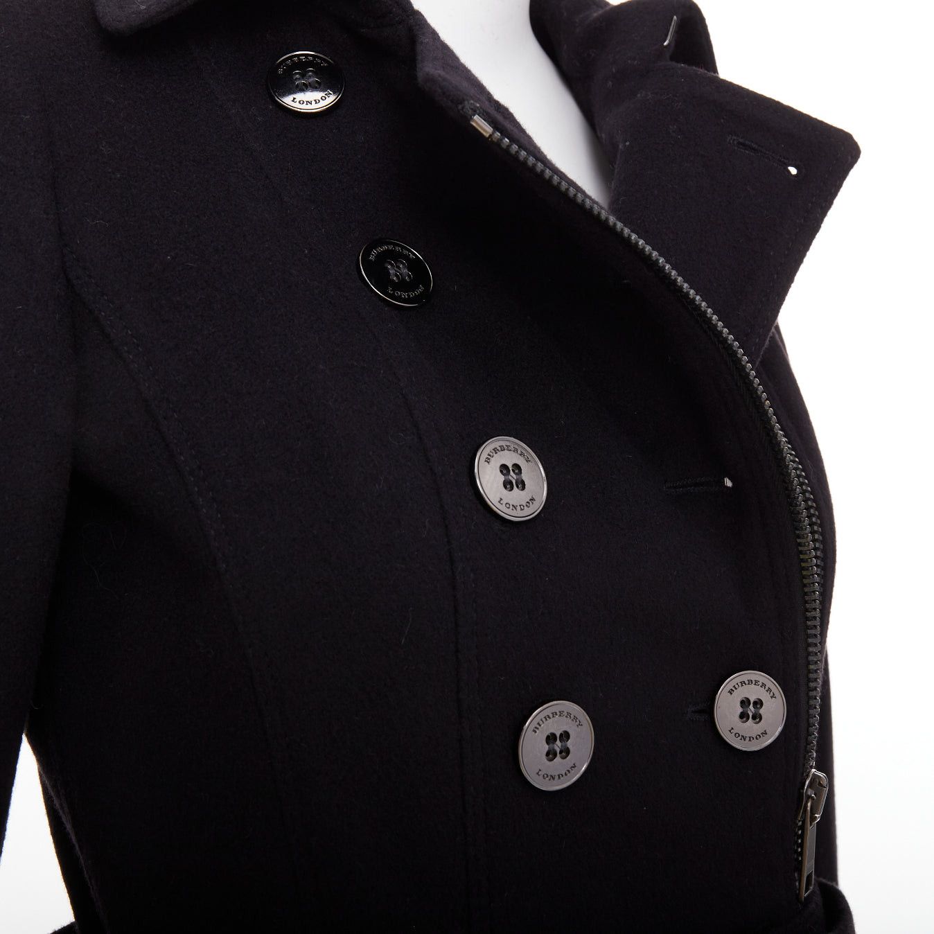 Burberry BURBERRY black virgin wool cashmere asymmetric zip belted trench coat UK4 XXS Size XS / US 0-2 / IT 36-38 - 8 Thumbnail