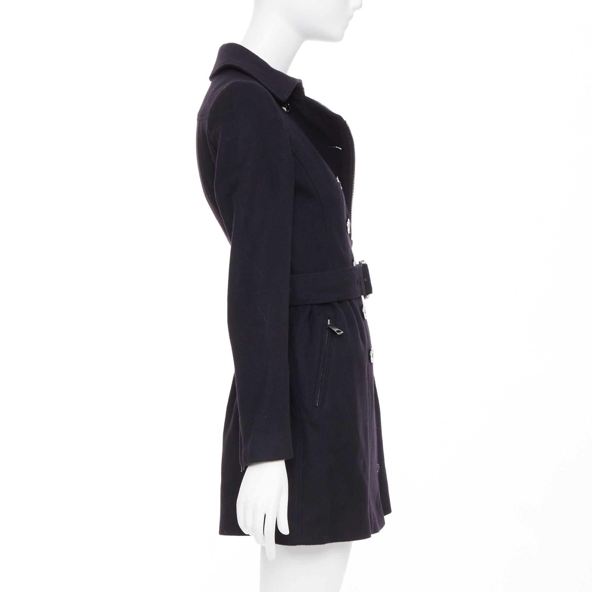 Burberry BURBERRY black virgin wool cashmere asymmetric zip belted trench coat UK4 XXS Size XS / US 0-2 / IT 36-38 - 5 Thumbnail