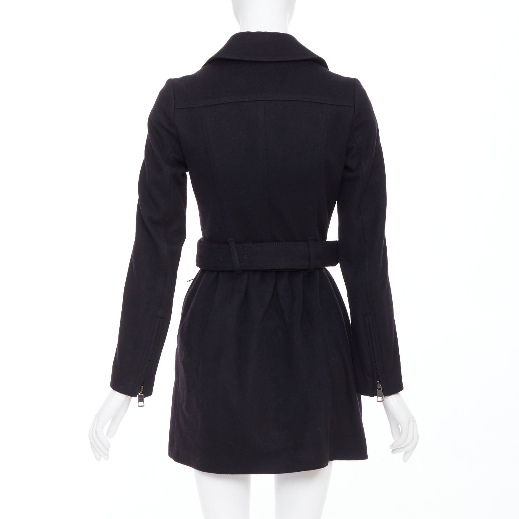 Burberry BURBERRY black virgin wool cashmere asymmetric zip belted trench coat UK4 XXS Size XS / US 0-2 / IT 36-38 - 6 Thumbnail