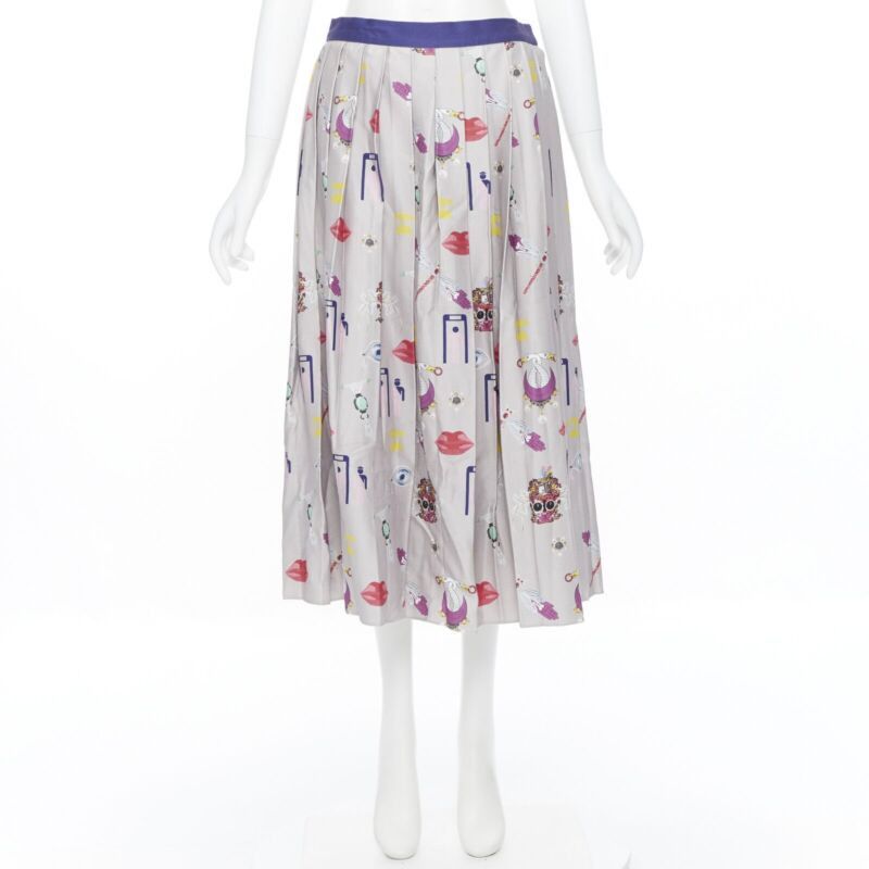 Mary Katrantzou MARY KATRANTZOU grey mixed illustration print pleated midi flared skirt UK10 27" Size 28" / US 6 / IT 42 - 9 Thumbnail
