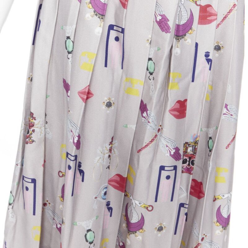 Mary Katrantzou MARY KATRANTZOU grey mixed illustration print pleated midi flared skirt UK10 27" Size 28" / US 6 / IT 42 - 2 Thumbnail