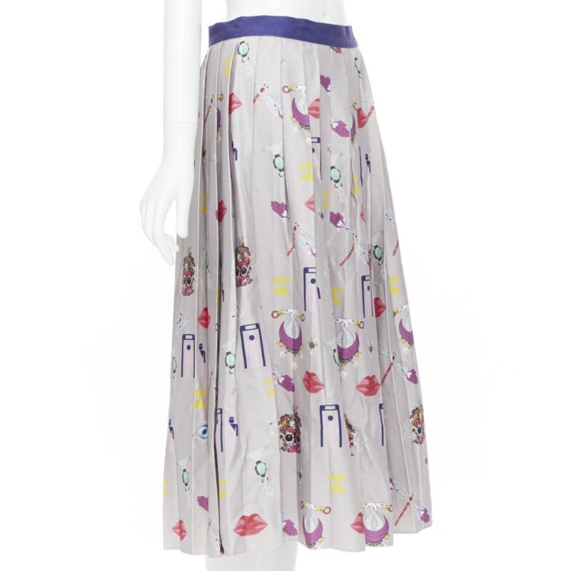 Mary Katrantzou MARY KATRANTZOU grey mixed illustration print pleated midi flared skirt UK10 27" Size 28" / US 6 / IT 42 - 3 Thumbnail