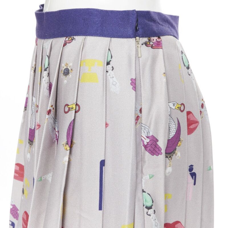 Mary Katrantzou MARY KATRANTZOU grey mixed illustration print pleated midi flared skirt UK10 27" Size 28" / US 6 / IT 42 - 7 Thumbnail