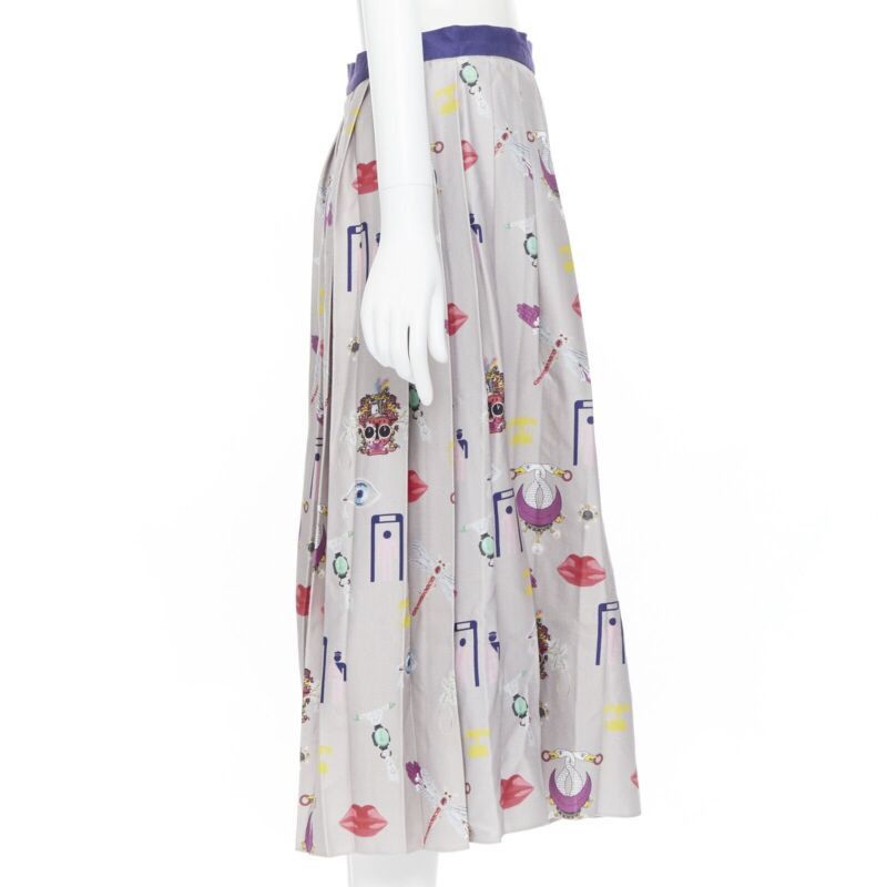 Mary Katrantzou MARY KATRANTZOU grey mixed illustration print pleated midi flared skirt UK10 27" Size 28" / US 6 / IT 42 - 4 Thumbnail