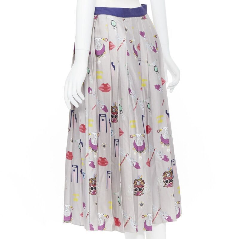 Mary Katrantzou MARY KATRANTZOU grey mixed illustration print pleated midi flared skirt UK10 27" Size 28" / US 6 / IT 42 - 6 Thumbnail