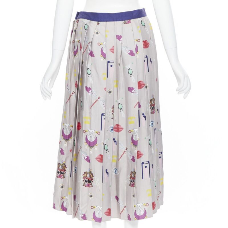 Mary Katrantzou MARY KATRANTZOU grey mixed illustration print pleated midi flared skirt UK10 27" Size 28" / US 6 / IT 42 - 5 Thumbnail
