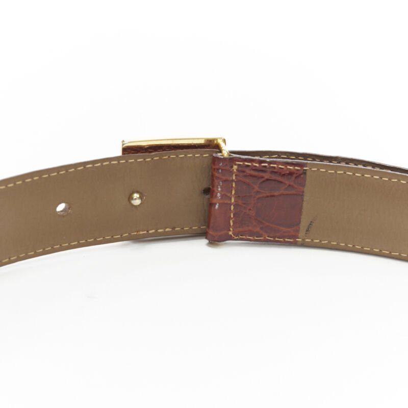 Oscar De La Renta OSCAR DE LA RENTA brown stamped mock croc gold logo buckle belt 32"-36" Size ONE SIZE - 6 Thumbnail