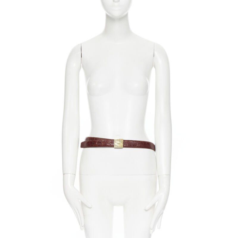 Oscar De La Renta OSCAR DE LA RENTA brown stamped mock croc gold logo buckle belt 32"-36" Size ONE SIZE - 3 Thumbnail