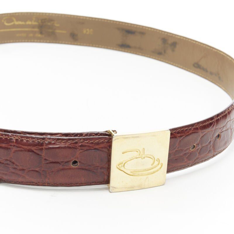 Oscar De La Renta OSCAR DE LA RENTA brown stamped mock croc gold logo buckle belt 32"-36" Size ONE SIZE - 2 Thumbnail