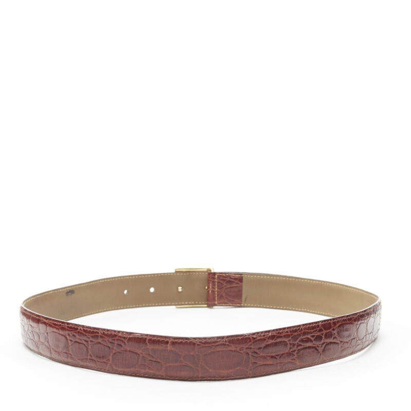 Oscar De La Renta OSCAR DE LA RENTA brown stamped mock croc gold logo buckle belt 32"-36" Size ONE SIZE - 4 Thumbnail