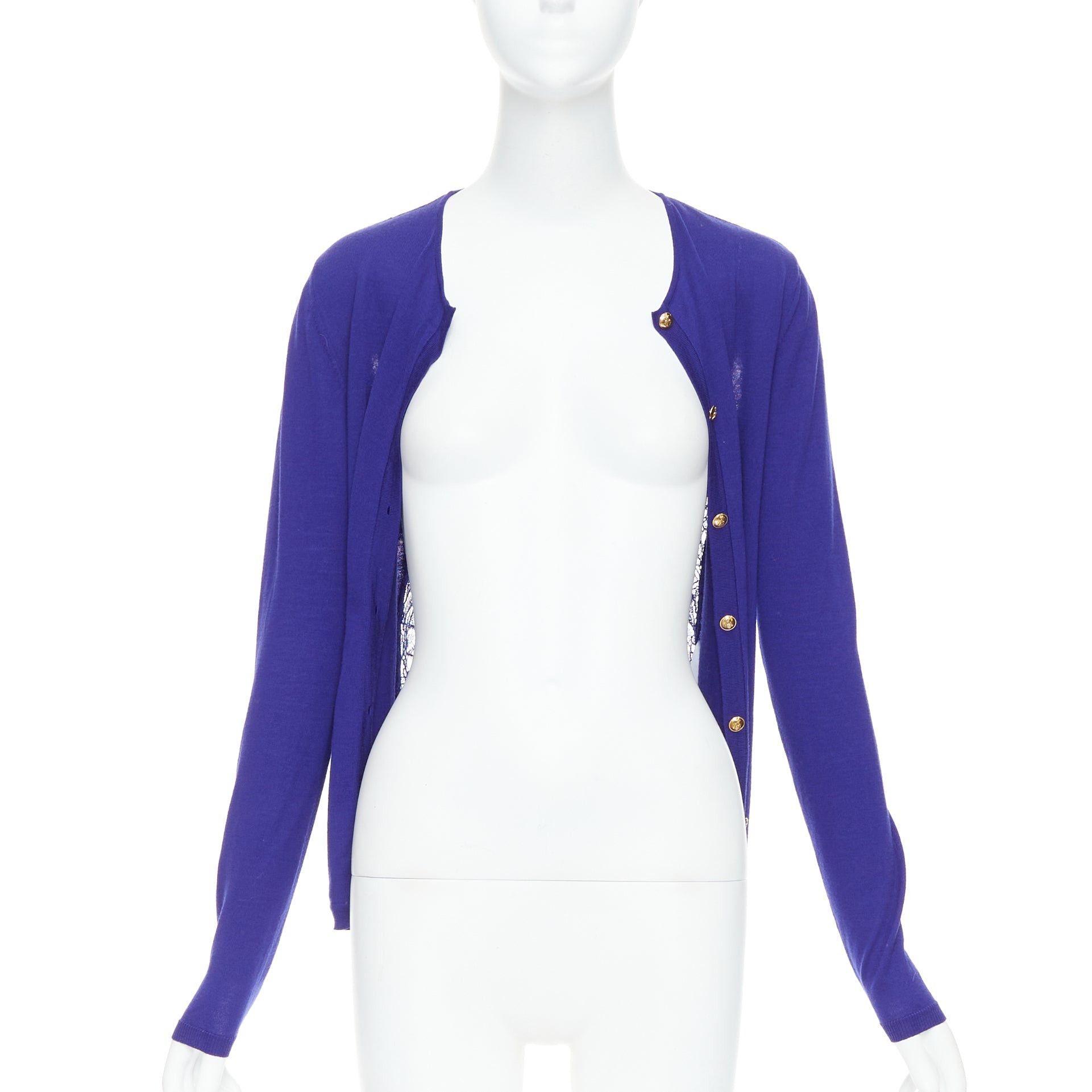 Emilio Pucci EMILIO PUCCI blue virgin wool floral lace back cardigan S Size S / US 4 / IT 40 - 4 Thumbnail