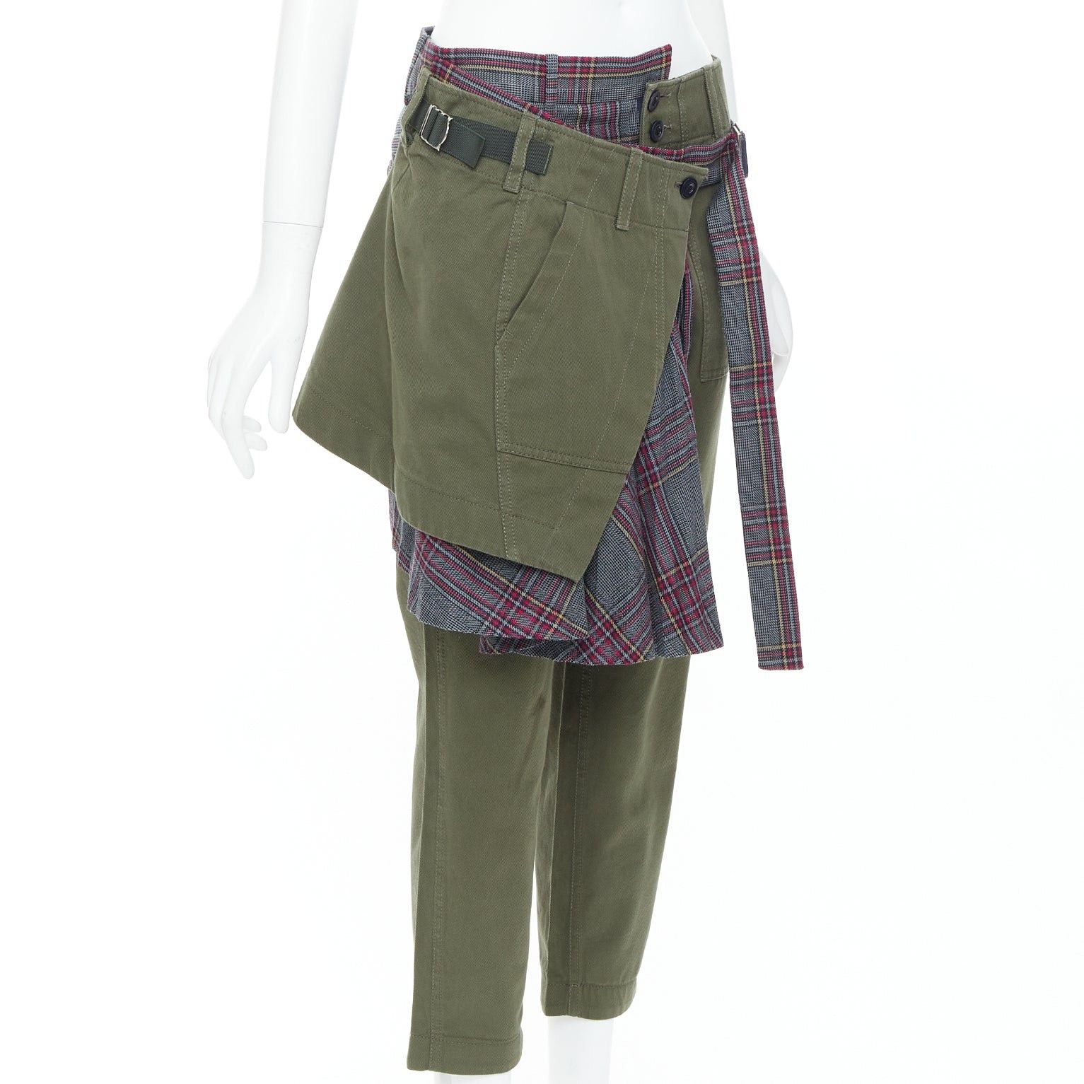 Sacai SACAI 2018 khaki cotton deconstructed check wool kilt pants JP2 M Size 28" / US 6 / IT 42 - 3 Thumbnail