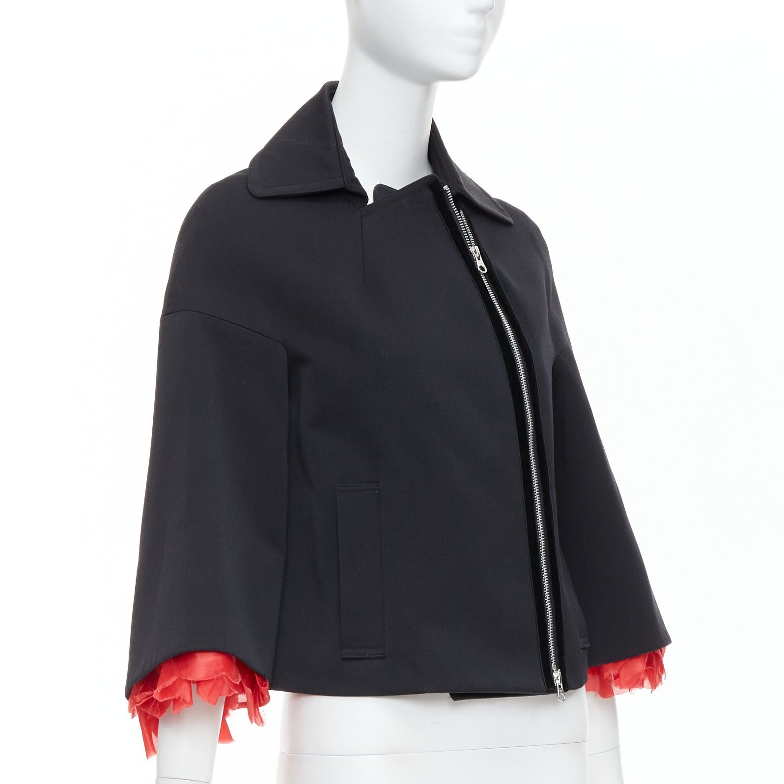 Other KEITA MARUYAMA black wool blend red petal cuffs flare biker jacket JP2 M Size M / US 6-8 / IT 42-44 - 4 Thumbnail
