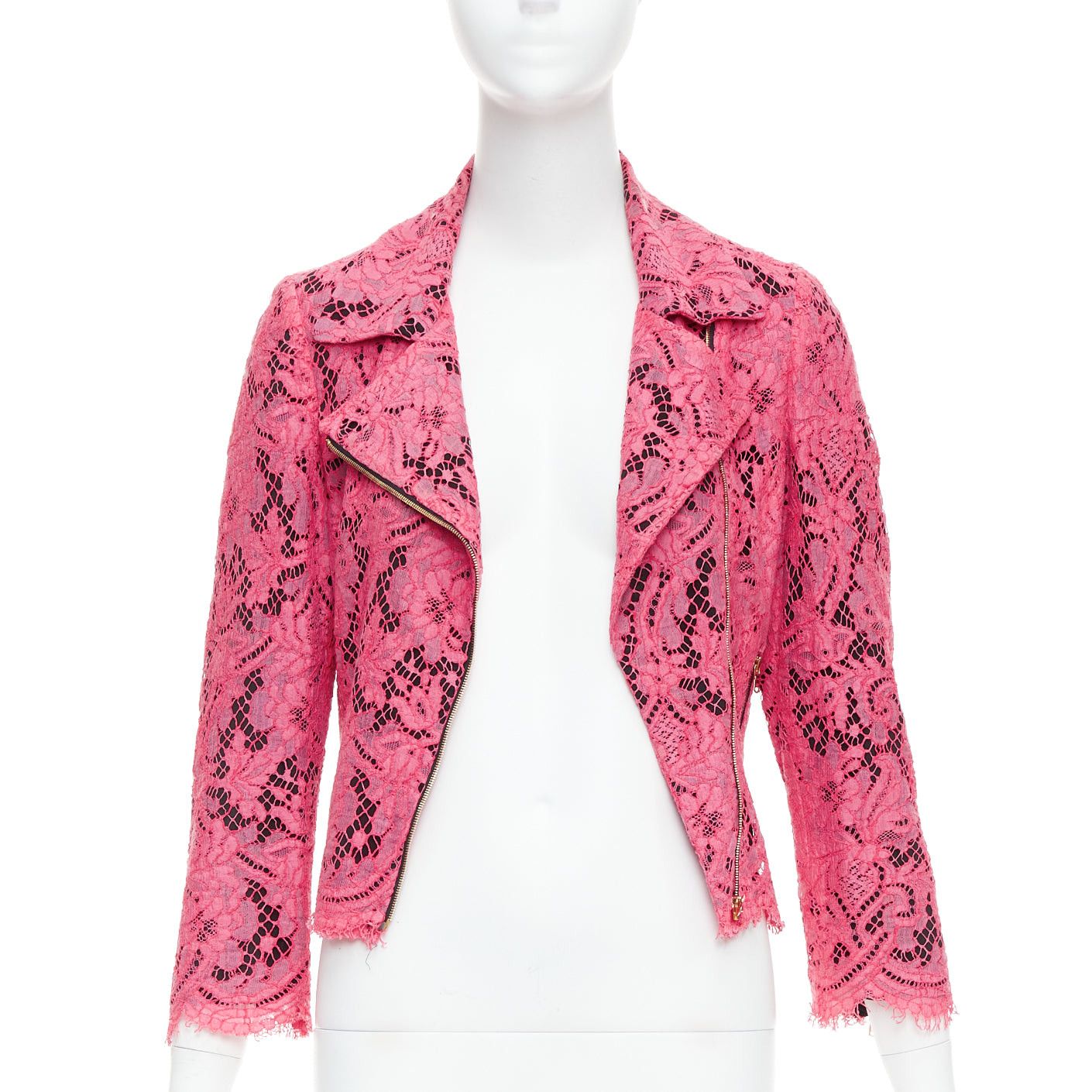 MSGM MSGM pink cotton blend lace side zip cropped biker jacket IT40 S Size S / US 4 / IT 40 - 3 Thumbnail