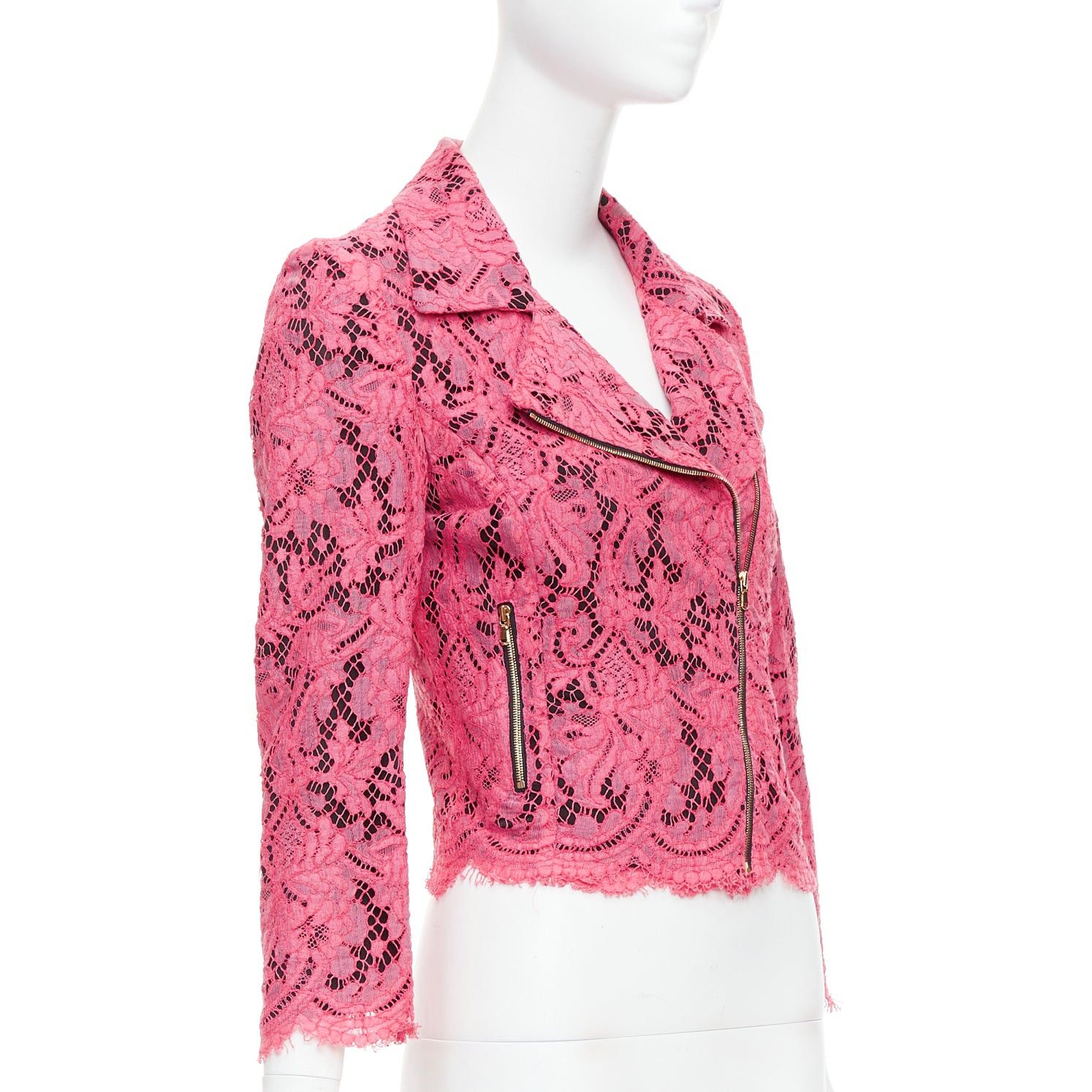 MSGM MSGM pink cotton blend lace side zip cropped biker jacket IT40 S Size S / US 4 / IT 40 - 4 Thumbnail