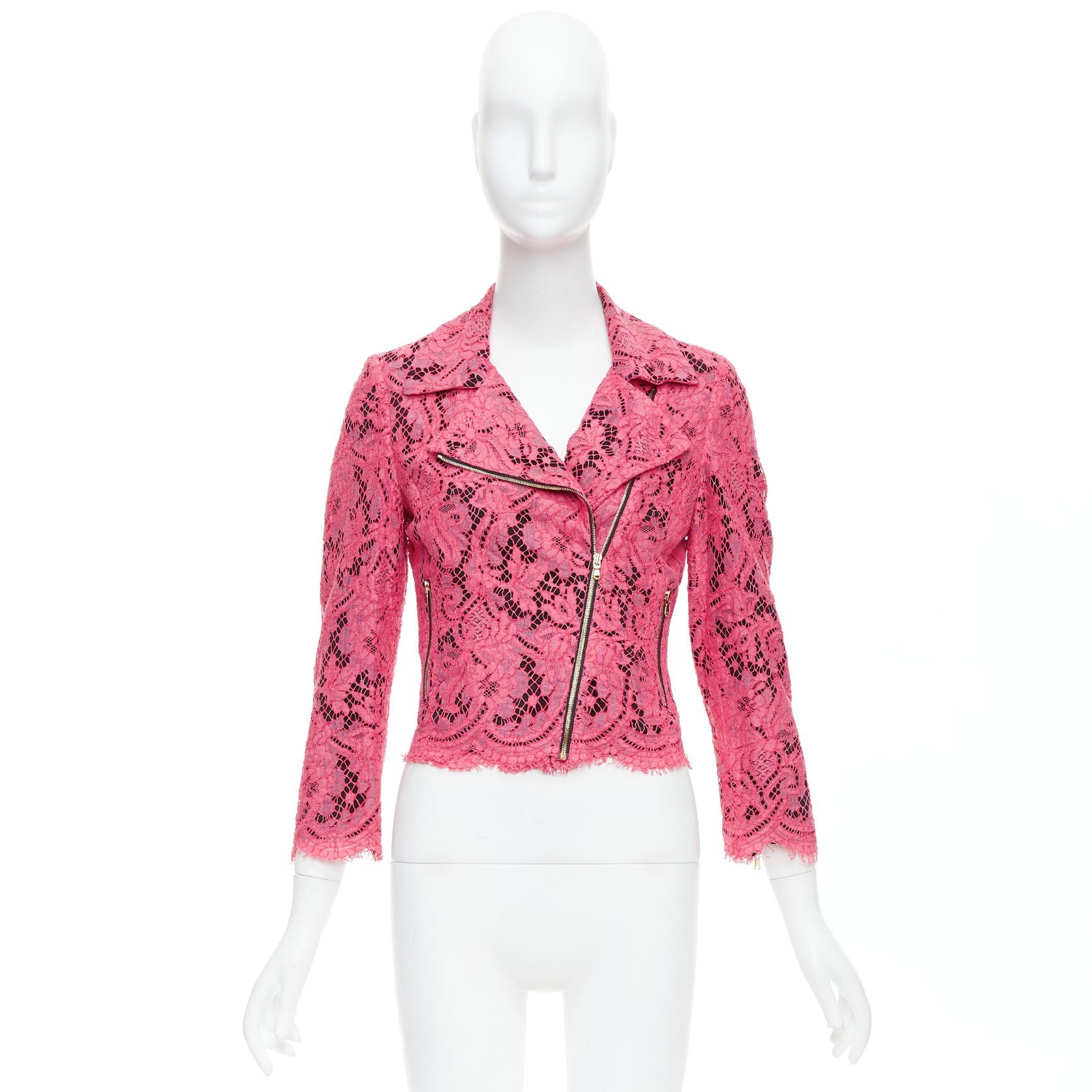 MSGM MSGM pink cotton blend lace side zip cropped biker jacket IT40 S Size S / US 4 / IT 40 - 10 Thumbnail