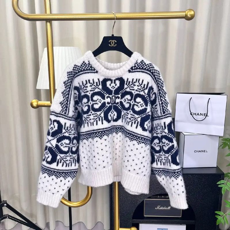 Chanel Chanel White Sweater with Navy Patterns 0089 Size M / US 6-8 / IT 42-44 - 3 Thumbnail