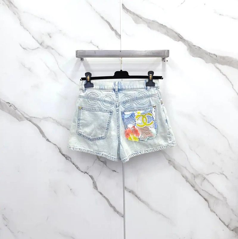 Chanel Chanel Blue Cotton Logo Women's Shorts 0089 Size 23" - 2 Thumbnail