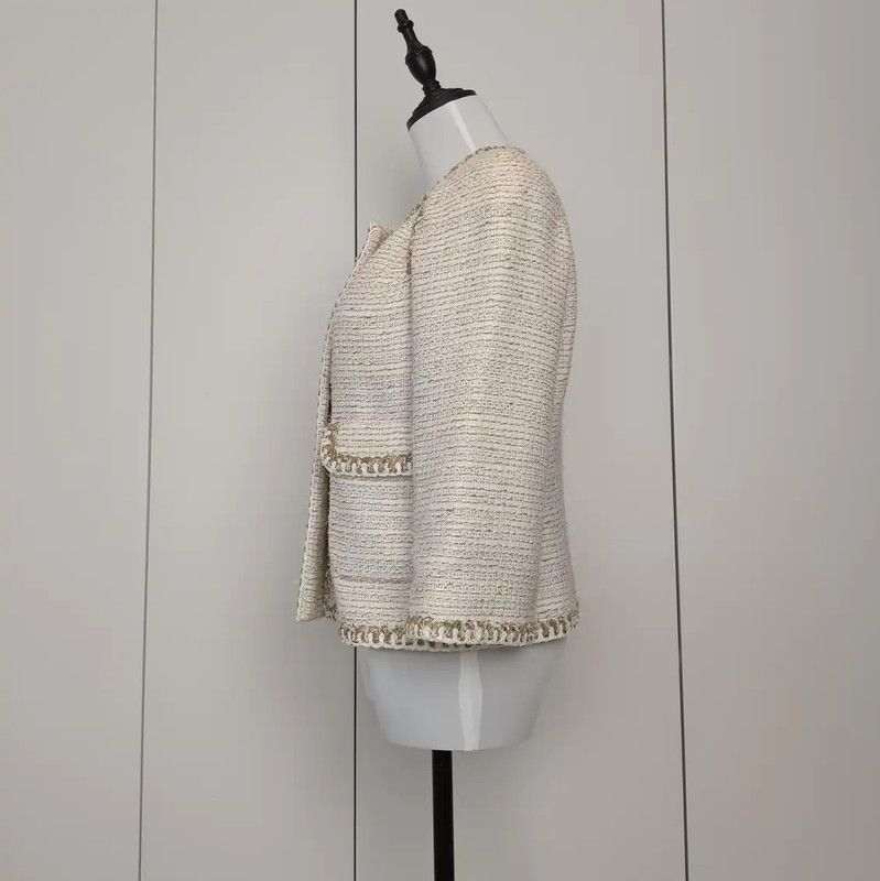 Chanel Chanel Beige Cotton Tweed Round Neck Jacket 0089 Size S / US 4 / IT 40 - 4 Thumbnail