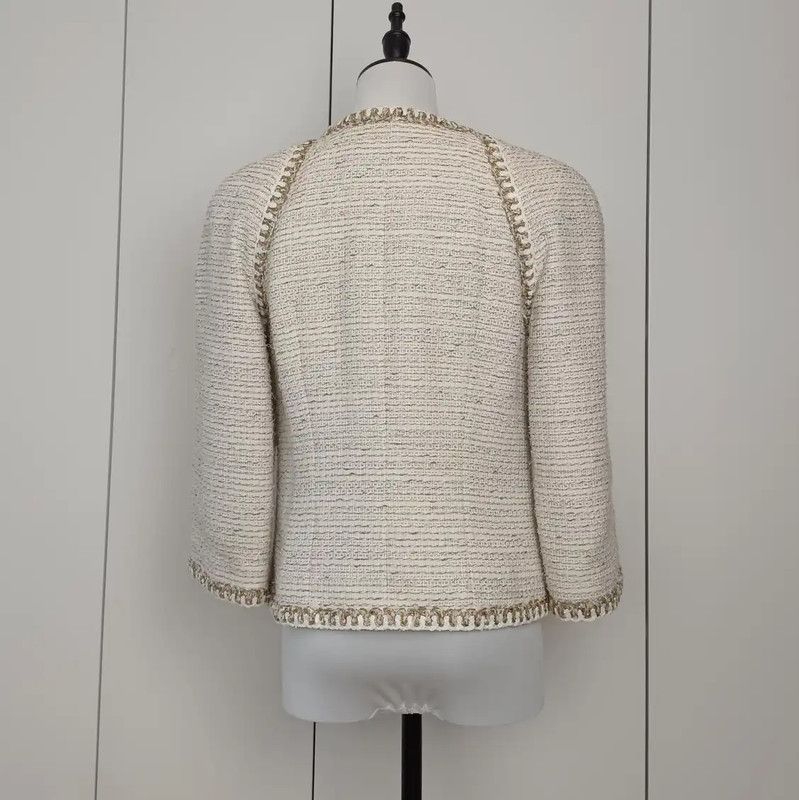 Chanel Chanel Beige Cotton Tweed Round Neck Jacket 0089 Size S / US 4 / IT 40 - 2 Thumbnail