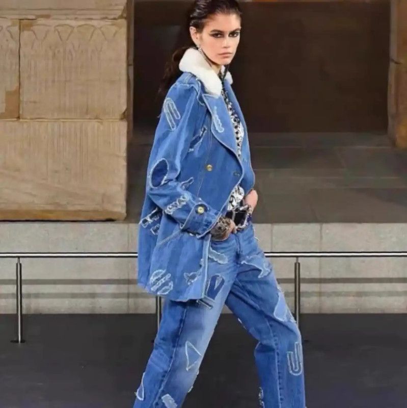 Chanel Chanel Blue Cotton Women's Jacket with Shearling Collar 0089 Size ONE SIZE - 9 Thumbnail