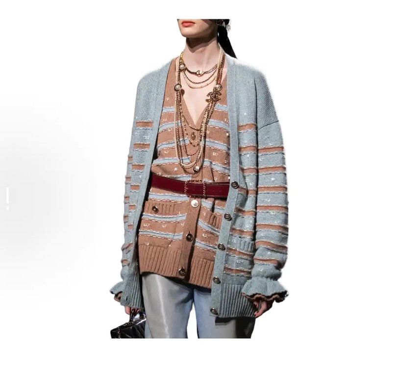 Chanel Chanel Brown Wool Cardigan with Striped Design 0089 Size S / US 4 / IT 40 - 7 Thumbnail
