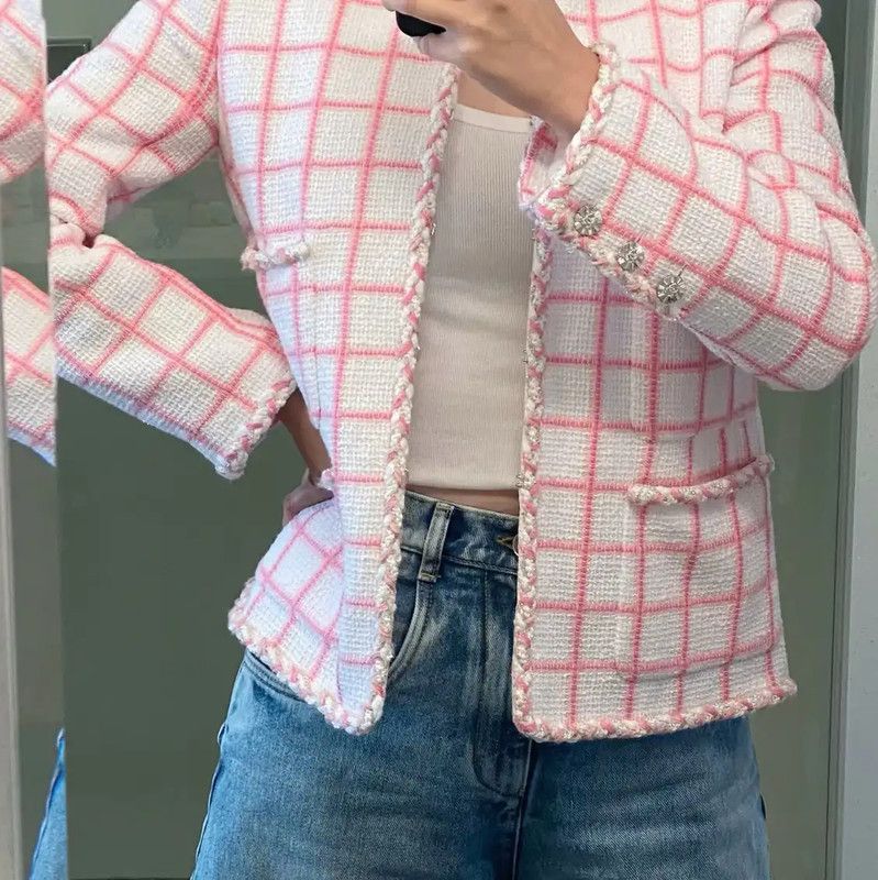 Chanel Chanel Pink Checked Women's Coat 0089 Size ONE SIZE - 9 Thumbnail