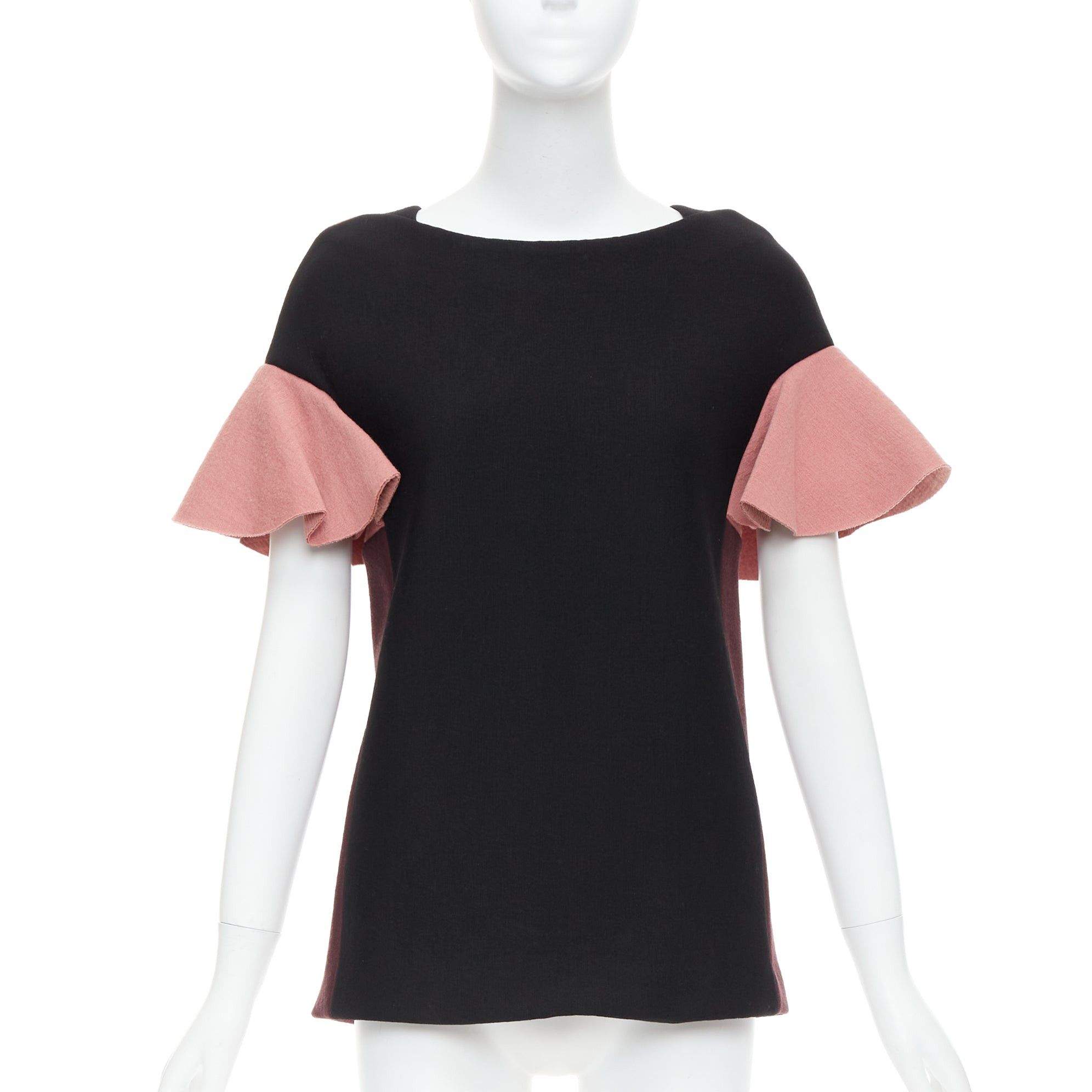 MARNI black pink wool cotton blend ruffle sleeve tunic top IT40 S