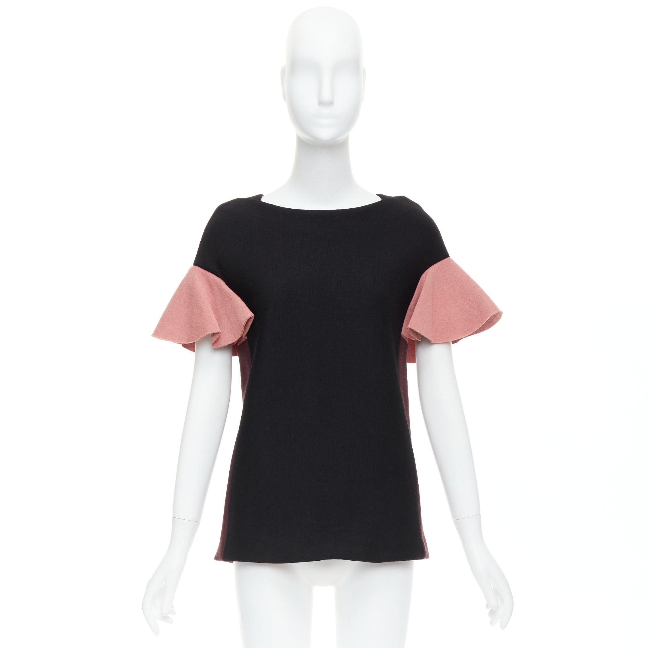 MARNI black pink wool cotton blend ruffle sleeve tunic top IT40 S