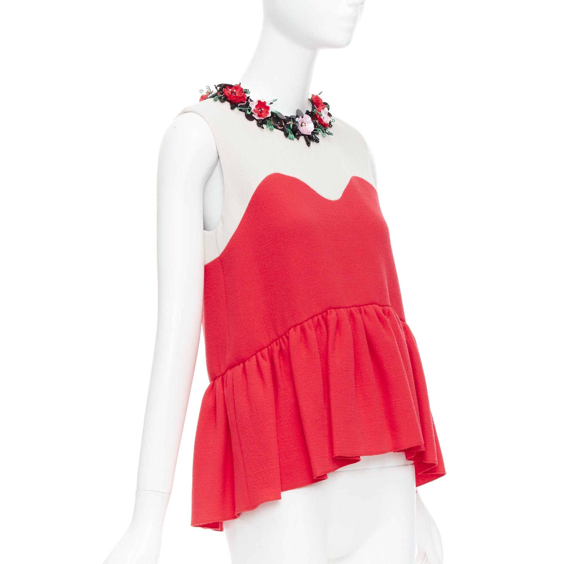 MSGM MSGM red nude floral embellished collar peplum vest top IT42 M Size M / US 6-8 / IT 42-44 - 3 Thumbnail