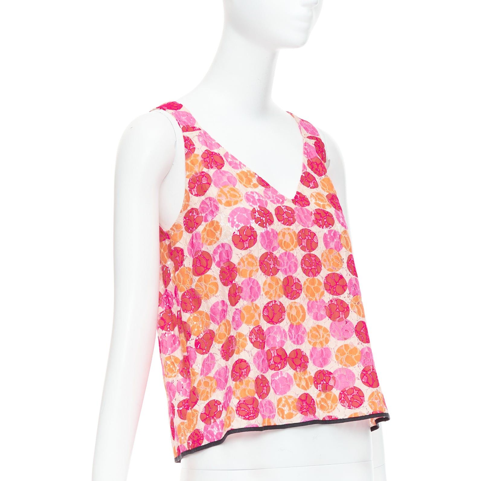 Marni MARNI 2012 pink orange dot print lace deep V neck tank top IT40 S Size S / US 4 / IT 40 - 3 Thumbnail